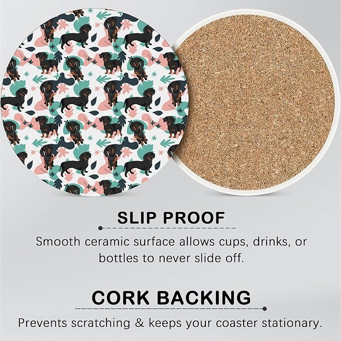 Cute Dog Drink Coasters for Drinks Set of 6,Dachshund Dog Floral Absorbent Round Ceramic Stone Mat Coaster,with Cork Base and Metal Holder, Home Bar Decor House Warming Gift