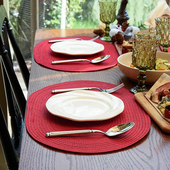 Noctiflorous Oval Braided Placemats Set of 6 Woven 12x18 Inch Non Slip Washable Heat Resistant Place Mats Round Tablemats for Dining Kitchen Party Daily Table Decor Dinner Mats (Red, 6)