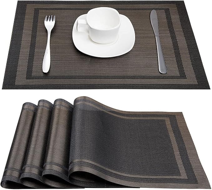 DACHUI Placemats Set of 4, Linen Look Woven Place Mats, Water Resistant, Heat Resistant, Washable, Durable Table Mats (Black Gold)