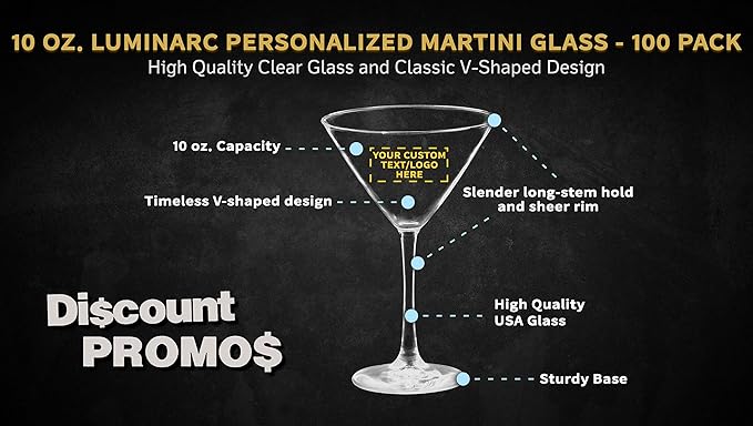 Custom Martini Glasses by ARC 10 oz. Set of 100, Personalized Bulk Pack - Perfect for Hotel, Bar, Restaurant or Lounge - Clear