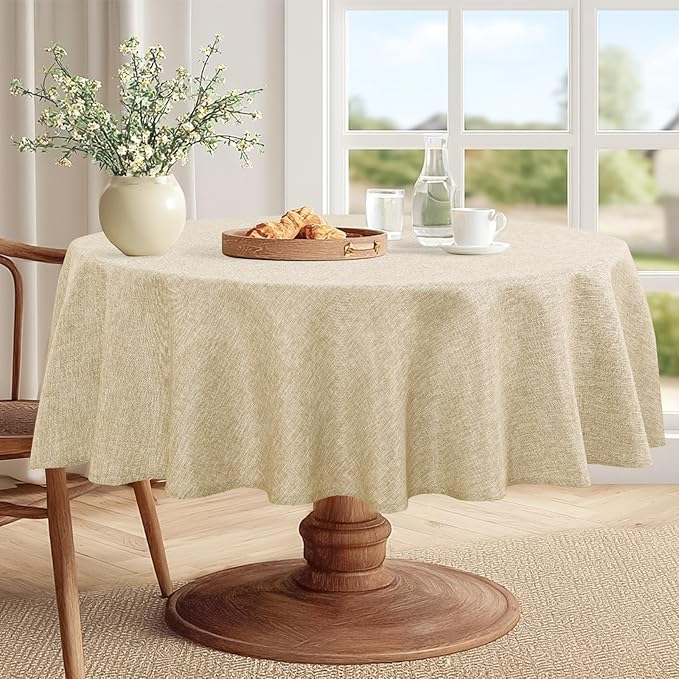 JIUZHEN Round Textured Table Cloth Linen Wrinkle Free Stain Resistant Farmhouse Decorative Circular Tablecloth for Kitchen, Dining, Party, Wedding, Outdoor Use (50 Inch Round,Beige)