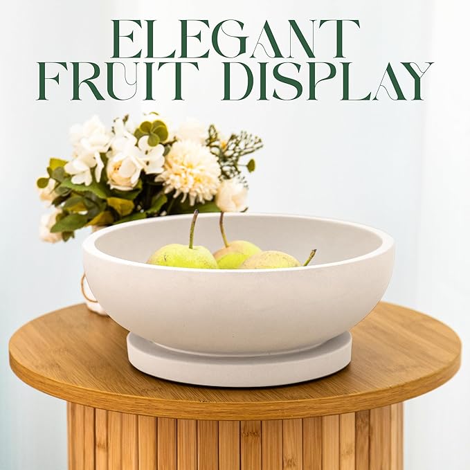 Decorative Concrete Fruit Bowl for Kitchen Counter – Elegant Pedestal Bowl with Smooth Finish for Home Decor | Handcrafted Key Bowl for Entryway Table, Coffee Table | 10.5in W x 4.25in L