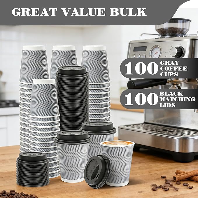 Ginkgo 100 Pack To Go Paper Coffee Cups With Lids, 8 oz Disposable Double-Walled Ripple Insulated Hot Cups for Hot Drinks, Lattes, Travel Cups, Small, Gray