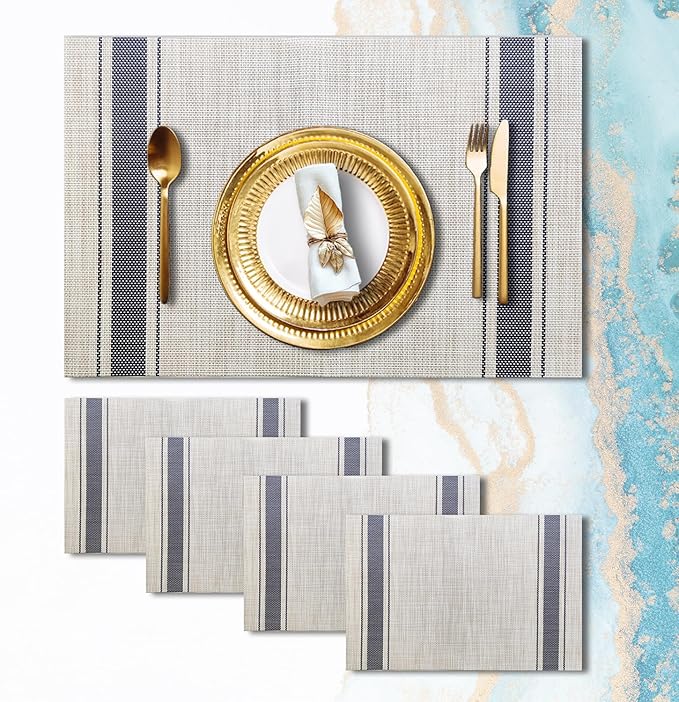 Placemats Set of 4 Vinyl Washable Blue Placemats, 18"x12" Wipeable Heat-Resistant Non-Slip Easy Clean Table Mats Ideal for Dining Table Table Runner and Outdoor (4, Blue Wide Stripe)