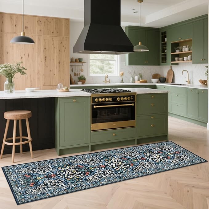 GarveeHome Kitchen 2x6 Runner Rug, Floral Washable Rugs for Hallways Non Slip Stain Resistant, Boho Soft Rug Botanical Carpet for Entryway, Laundry Room, Bedroom Floor Mat, Dark Blue