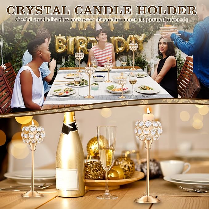 Crystal Candle Holders 2 Set of 6 - Gold Vintage Hollow Ball Candle Stand for Table Centerpiece, Crystal Metal Tealight Candlestick for Wedding, Dining Room Decor