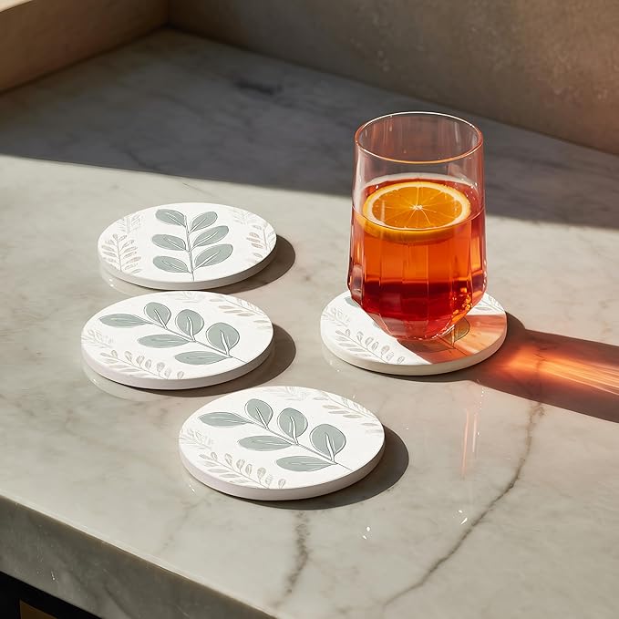 VEYRO Ceramic Coasters Set of 6 – Absorbent Stone Drink Coasters with Holder, Non-Slip Cork Backing, Modern Marble Look Coasters for Coffee Table, Desk & Home Decor
