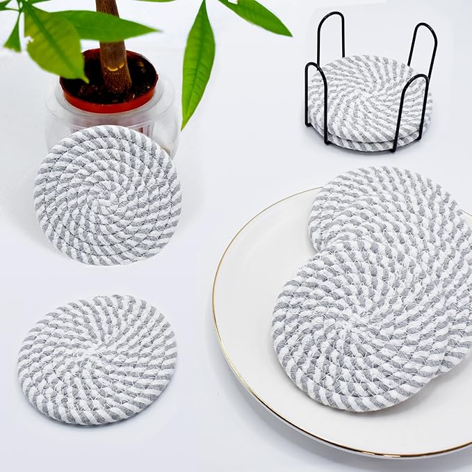 ABenkle 8 Pcs Drink Coasters with Holder, Cotton Woven Absorbent Coasters for Drinks, Minimalist Home Decor Coaster Set for Wooden Tabletop Protection Table, 4.3 inches