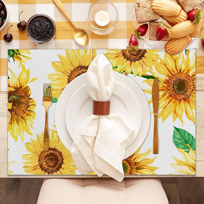 AOFOTO Sunflower Placemats Set of 4 Yellow Flowers Leaves Printed Place Mats Rectangular Artistic Table Mats for Party Home Kitchen Restaurant Dining Table Decor 12x18 Inch