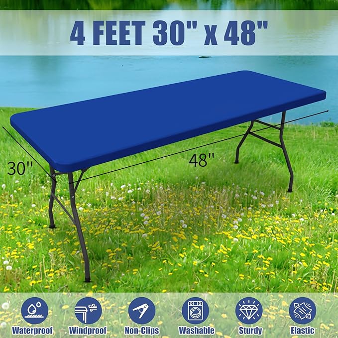 Spandex 4 Foot Rectangle Table Cloth 2 Pack, Elastic Fitted Tablecloths for Picnic, Stretch Washable Patio Table Cover for Outdoor, Camping, Banquet and Parties (Blue, 30"x48")