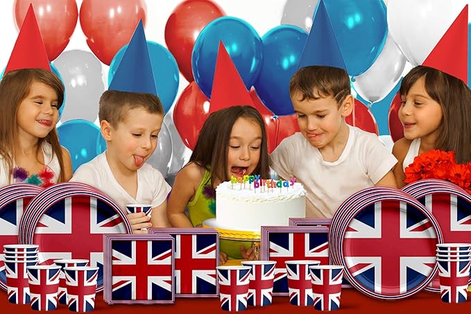Britain UK England British Flag Birthday Party Supplies Set Plates Napkins Cups Tableware Kit for 16