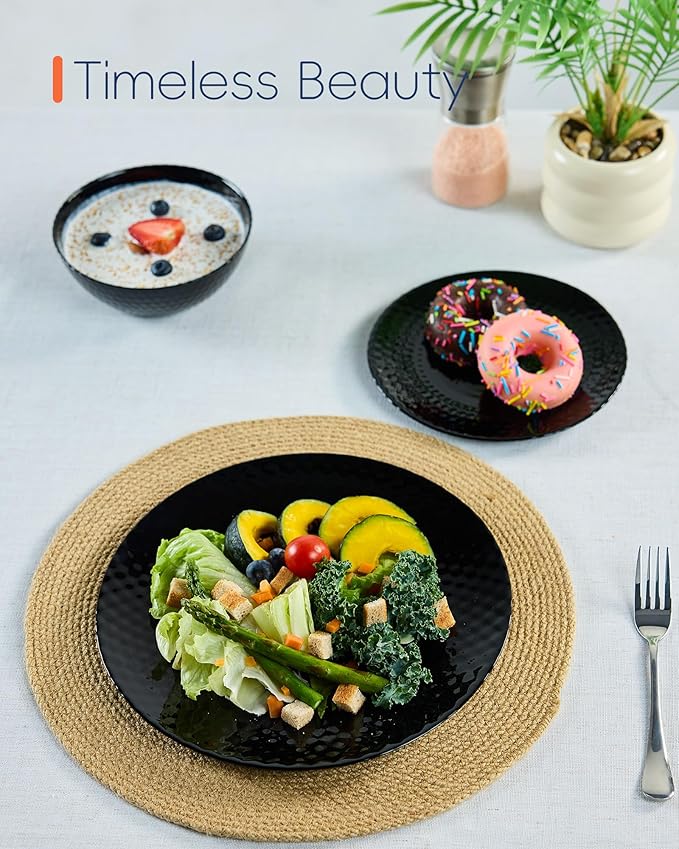 Dinnerware Sets for 4, Light & Durable 12 Pieces Opal Glass Plates and Bowls Set, Dishwasher and Microwave Safe Dish Dinning Ware, Thin but Strong Geometric Faceted Black