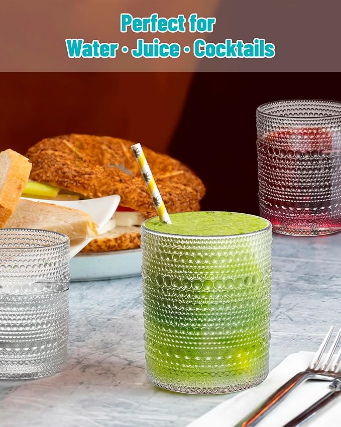 Vintage Dot-Pattern Drinking Glasses Set of 4 – 14.5 oz Clear Short Glass Cups – Embossed Textured Glassware with Anti-Slip Grip, Water Juice Soda Cocktail Tumblers – Thick Glass, Dishwasher Safe