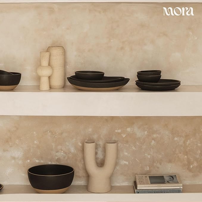 MORA Large Plates Set of 4, 10.5 inch Ceramic Pottery Dinner Plates - Microwave, Oven and Dishwasher Safe - Liquorice