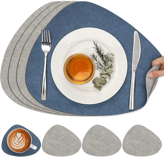 Placemats and Coasters, Washable Placemats Round Faux Leather Wipeable Place Mats Non Slip Heat Resistant Indoor Outdoor Table Mats (Set of 4, Light Gray Navy Blue)