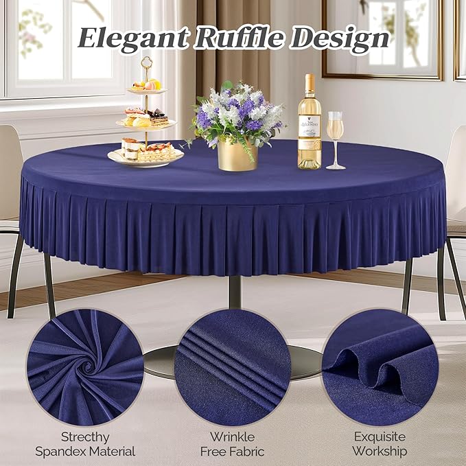 6 Pack Navy Blue Spandex Round Tablecloths for 60 Inch Tables - Stretchy Fitted 5FT Cloths, Wrinkle-Free Cover With Skirt for Wedding, Party, Dining, Banquet