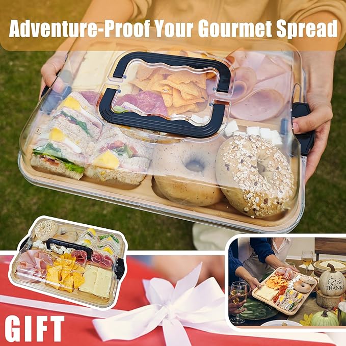 Portable Charcuterie Board with Locking Lid | 5-Compartment Bamboo Cheese Board & Serving Tray | Essential for Travel & Picnics | Ideal Housewarming Gift for New Home, Wedding