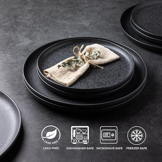AmorArc Ceramic Dinner Salad Plates Set of 6, Wavy Rim 8.5 Inch Dish Set, The Dessert,Salad, Appetizer, Small Dinner etc Plate,Microwave, Dishwasher Safe, Scratch Resistant - Matte Speckled
