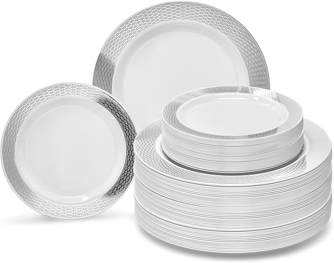 OCCASIONS 120 Plates Pack,(60 Guests) Heavyweight Premium Wedding Party Disposable Plastic Plates Set -60 x 10.5'' Dinner + 60 x 7.5'' Salad/Dessert (Diamond White & Silver)