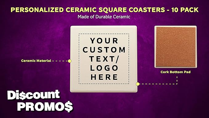 10 4" Square Ceramic Coasters Set - Customizable Text, Logo - Cork Bottom, Serve Ware - Natural