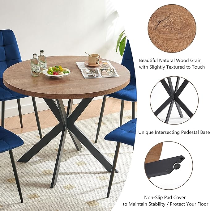 Kitchen Table Set for 4, Modern MDF Round Dining Table Set with 4 Navy Blue Dining Chairs, Upholstered Velvet Home Kitchen Chairs Armless for Space Saving