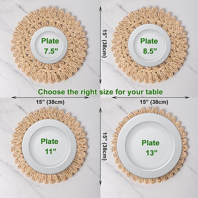 15" Set of 4 Round Corn Husk Placemats | Boho Woven Rattan Table Mats | Farmhouse Wicker Spring Plate Chargers Like Water Hyacinth, Seagrass for Wedding, Party, Christmas, Events