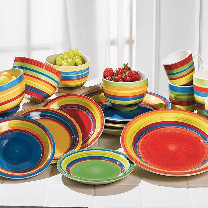 BrylaneHome 16 Piece Santa Fe Dinnerware Set (Service for 4), Includes Dinner & Salad or Dessert Plates, Bowls, Mugs, Colorful Stripe Southwestern Fiesta Pattern - Multi Stripe