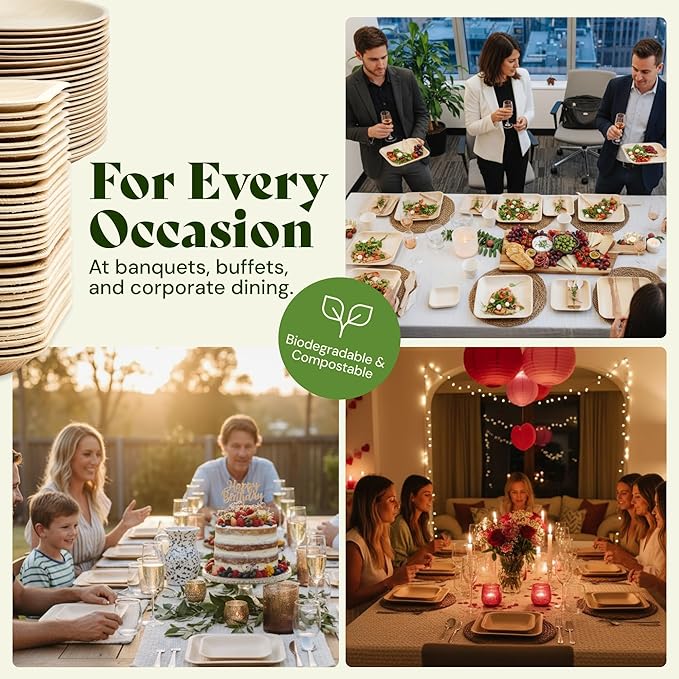 Chic Leaf Palm Leaf Plates - 10" Round - 50 Pack of 100% Compostable & Disposable Bamboo Style Plates - Heavy Duty, Sturdy Paper Alternative for Wedding Desserts, Events & Romantic Gourmet Catering