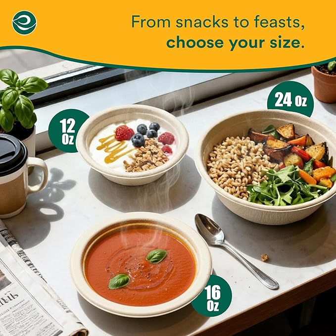 ECO SOUL 100% Compostable 24 Oz Soup Bowls [100-Pack] Disposable Sturdy Bowls I Heavy Duty Paper Bowl I Eco-Friendly Salad Bowl I Biodegradable Large