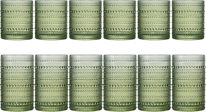 Khen Hobnail Beaded Highball Drinking Tumbler Glasses | Set of 12 | Color, Vintage Bubble Design Whiskey Glassware, Old-Fashioned, Embossed Design for Water Wine, Cocktail Embossed Heavy Glass (Green)