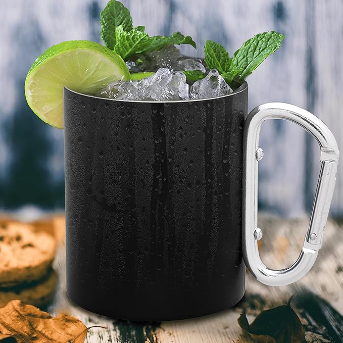 DISCOUNT PROMOS Stainless Steel Mugs with Carabiner Handle 10 oz. Set of 10, Bulk Pack - Perfect for Coffee, Soda, Other Hot & Cold Beverages - Black