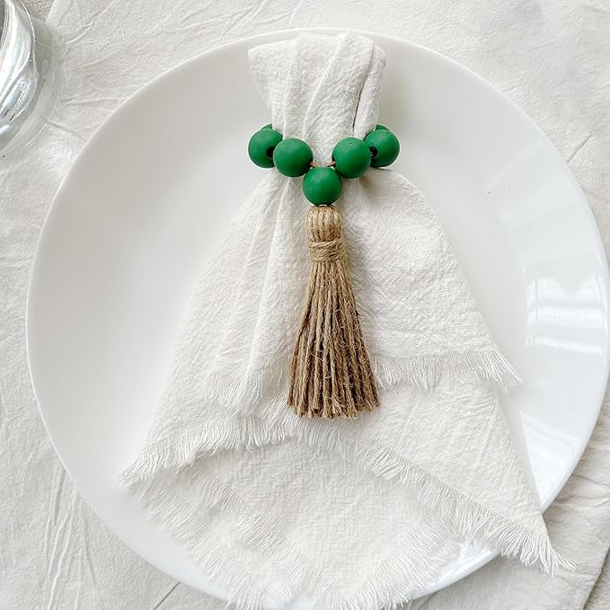 Napkin Rings Set of 12,Wooden Napkin Ring,Wood Bead Elastic Farmhouse Napkin Holder with Tassel,Boho Napkin Rings for Table Decor,Weeding,Dinner,Party (Green)
