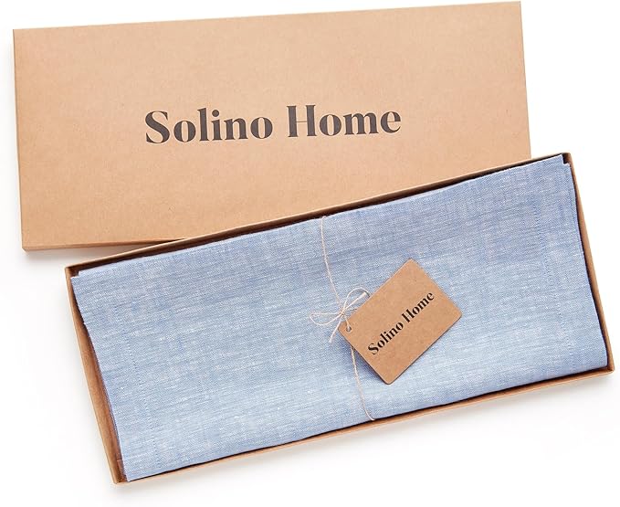 Solino Home Linen Table Runner 144 Inches Long - Athena, 100% Pure Linen Chambray Blue 14 x 144 Inch Table Runner for Dining, Spring, Easter