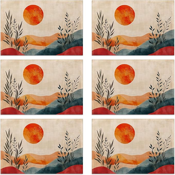 Mid Century Table Placemats Set of 6, Waterproof Linen Fabric, Non-Slip Backing & Easy Clean, Elegant Dining Table Protectors for Family and Guests(Abstract Sun)