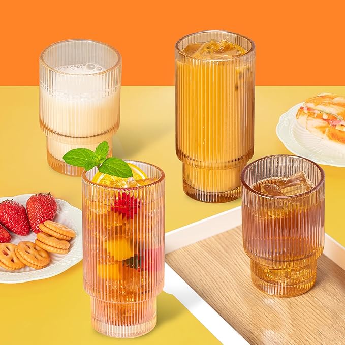 12 Pack Ribbed Drinking Glasses – Amber Glassware Set, 6 Highball 16Oz & 6 Rocks 6Oz Cups, Elegant Ribbed Glassware, Vintage Drinking Glasses For Water, Juice, Cocktails, Whiskey, Beer