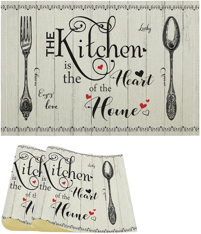 Retro Farmhouse Placemat Set, Minimal Black White Rustic Plank Art Sketch Cutlery Knife Fork Inspirational Quotes Pattern Home Decor Linen Table Mats for Dining Room Kitchen Party (17x12in) x2P