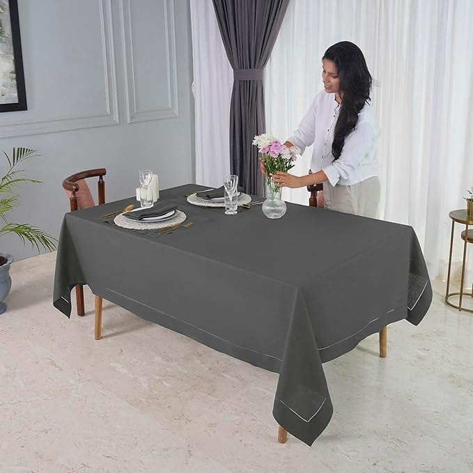 D'Moksha Homes Charcoal Grey Linen Tablecloth for Rectangle Tables 60 x 102 Inch - Classic Hemstitch 100% Pure Linen Grey Table Cloth - Machine Washable Dining Tablecloth for Spring, Easter