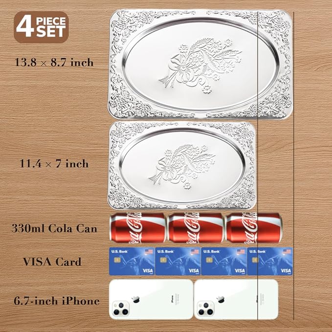 4-Pack Silver Serving Trays Set - ZENOVLUX Vintage Floral Engraved Mirror Decorative Tray, 13.8" x 8.7" Party Platters for Valentine's Day, Food, Appetizer, Charcuterie, Cookies, Desserts
