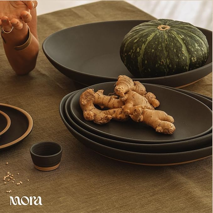 MORA Mega and Giant Serving Dishes Set of 2, 16 inch and 14 inch Ceramic Pottery Oval Platters - Microwave, Oven and Dishwasher Safe - Liquorice