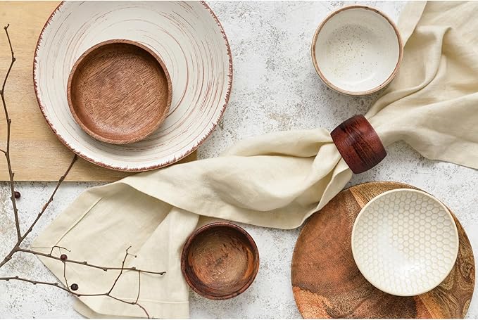Wooden Napkin Rings Set of 12 Handmade Napking Holders for Dining Tableware, Thanksgiving, Party, Table Décor (Rounded)