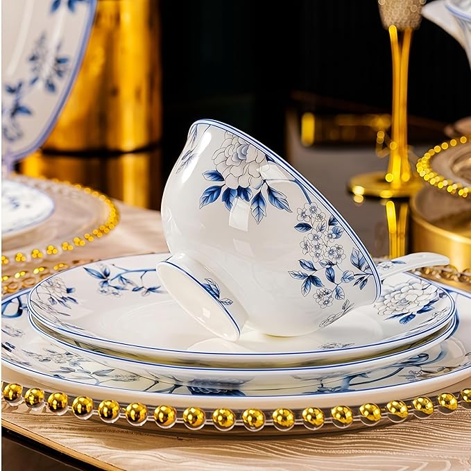 38 Pcs Fine Bone China Dinnerware Set,Porcelain&Ceramic Dinnerware Sets,Bone Stoneware & Ceramic Cookware Tableware Set Includes Dinner Plates|Spoons|Pasta Bowls|Soup Pot|Chopsticks