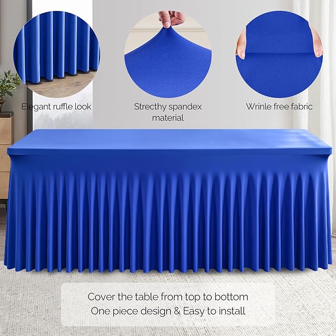 Wish Care 6 Pack Royal Blue Spandex Table Clothes for 6 Foot Rectangle Tables, 6FT Wrinkle Free Fitted Tablecloths Ruffles Design Table Cloth for Party, Banquet, Wedding and Events