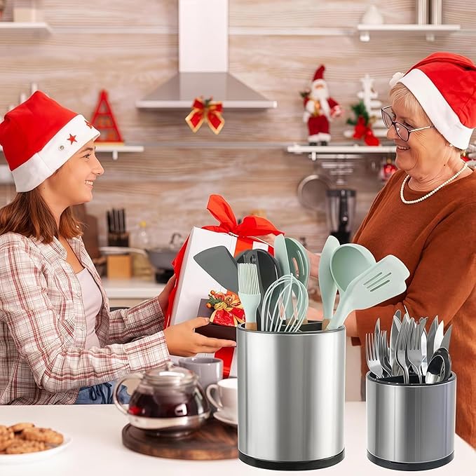 Kitchen Utensil Holder Extra Large Rotating For Counter Organizer Stainless Steel Storage Cooking Silverware Caddy 3 Compartment Flatware Spoon Spatula Tool Cutlery Container（2 Set Silvery）