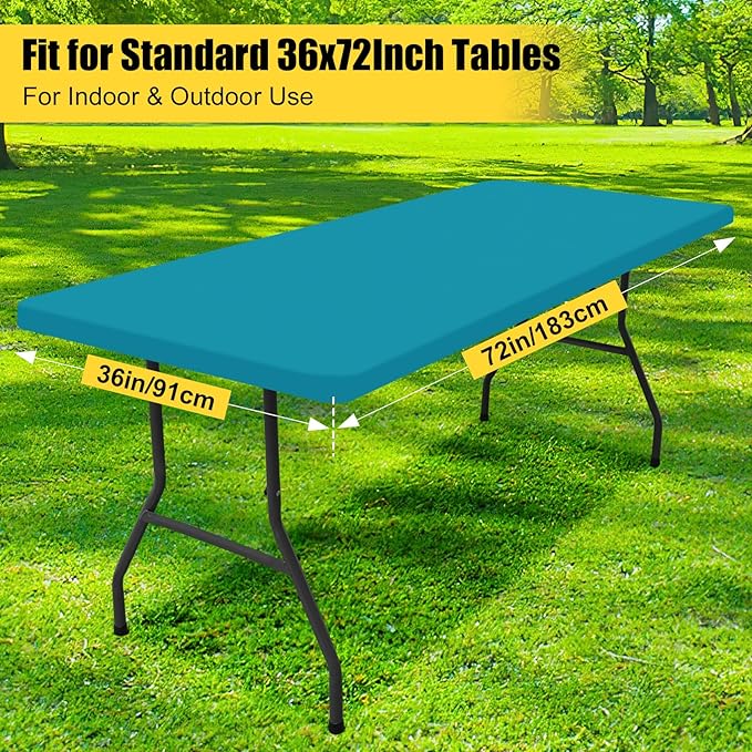 Smiry Rectangle Picnic Table Cloth, Waterproof Elastic Fitted Tablecloths for 6 Foot Tables, Washable Polyester Table Cover for Camping, Indoor and Outdoor (Teal, 36"x72")