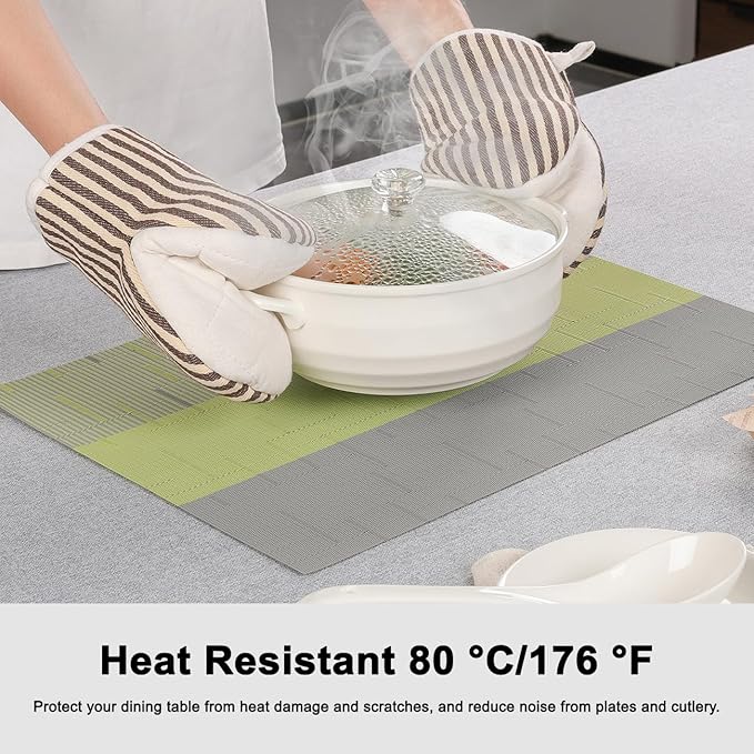 Placemats Set of 8, Vinyl Woven Place Mats Indoor Set of 8 Washable Wipeable PVC Table Mats Heat-Resistant Non Slip Placemat for Kitchen Dining Outdoor Table (Gray Grass Green, Set of 8)