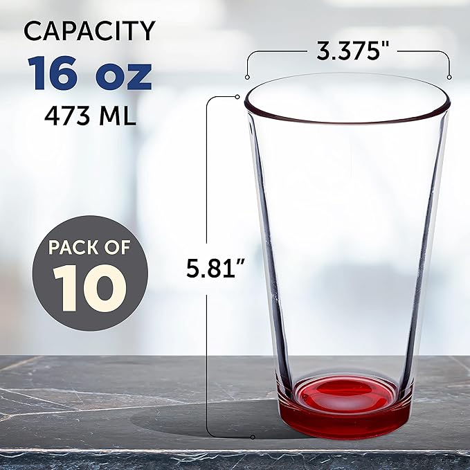 DISCOUNT PROMOS Beer Pint Glasses 16 oz. Set of 10, Bulk Pack - Heavy Duty Glassware for Restaurant, Thick Base and Walls, Stackable - Red
