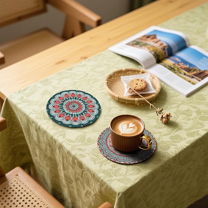 Mandala Pattern Coasters Leather Round Drink Coasters 6 Pcs Set with Holderor for Cup Drink Coffee Table Bar Home Decor