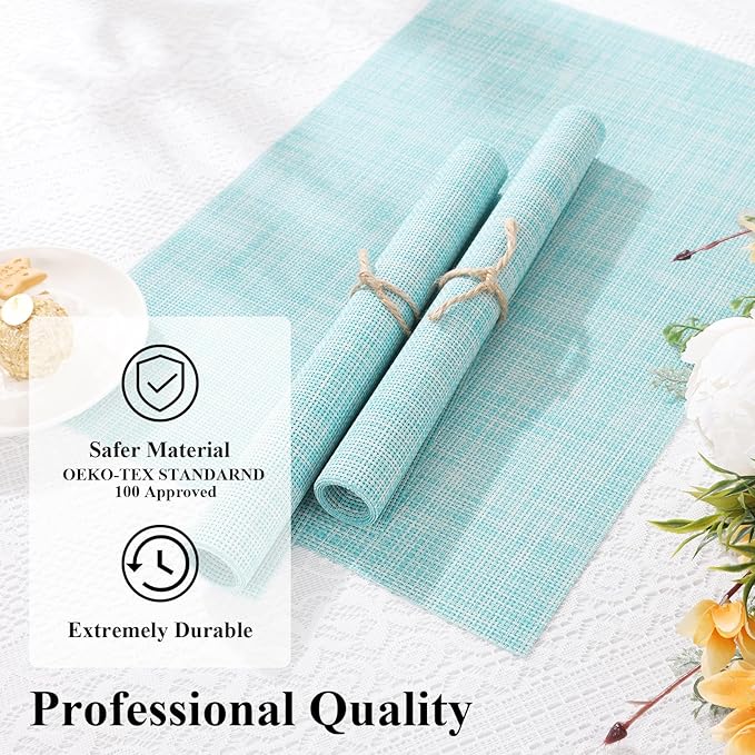 SHACOS Placemats Set of 4 Woven Vinyl Place Mats Wipeable Heat Resistant Washable Plastic Table Mats Indoor Outdoor, Blue