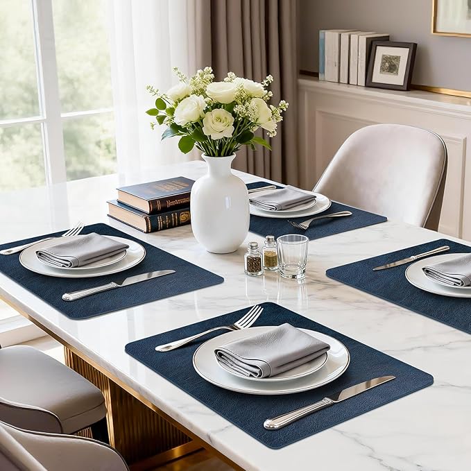 Faux Leather Placemats Set of 6, Washable Place Mats, Wipeable Waterproof Oil-Proof Heat Resistant Table Mats, Vinyl Placemats Rectangular Place Mat for Table Indoor Outdoor (Navy Blue)