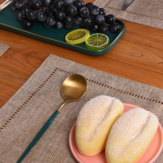 Tosewever Set of 4 Decorative Linen Placemats 12 x 18 Inches, Farmhouse Style Table Mats for Everyday Dining Wedding Party Holiday Home Decor (4 Pieces 12 x 18”, Light Coffee/Straight)